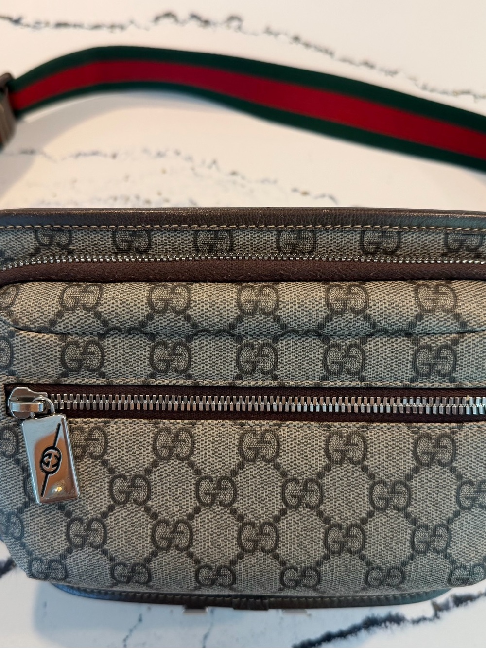Gucci Brown GG Canvas Belt Bag with Green-Red Web Strap